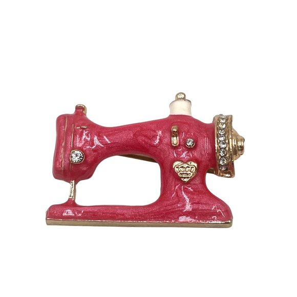 Mini Singer Sewing Machine Pin Brooch Rhinestones & Pink Enamel Gold Accents - Picture 1 of 3